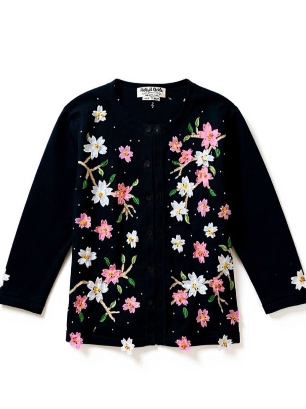 Jack B. Quick Vintage Y2K Sz XS Black Floral Sweater Beaded Cardigan Cottage